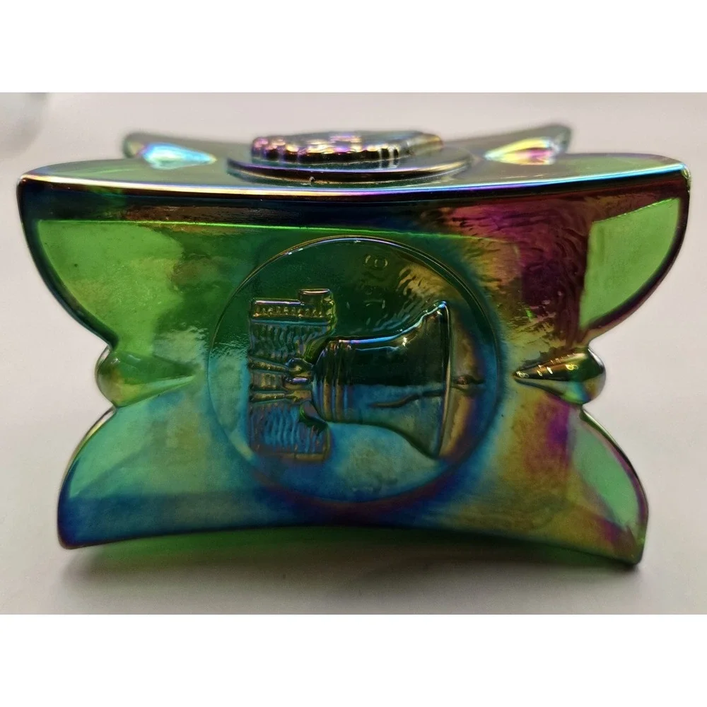 Vintage Toothpick Holder Collectable  Joe St.Clair Iridescent Green Glass Square